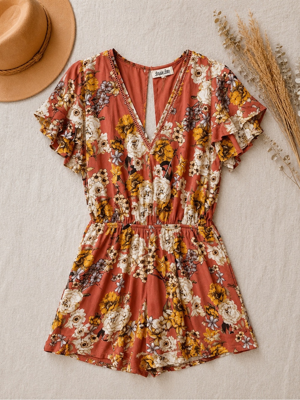 Listicle Rust Floral V-Neck Romper